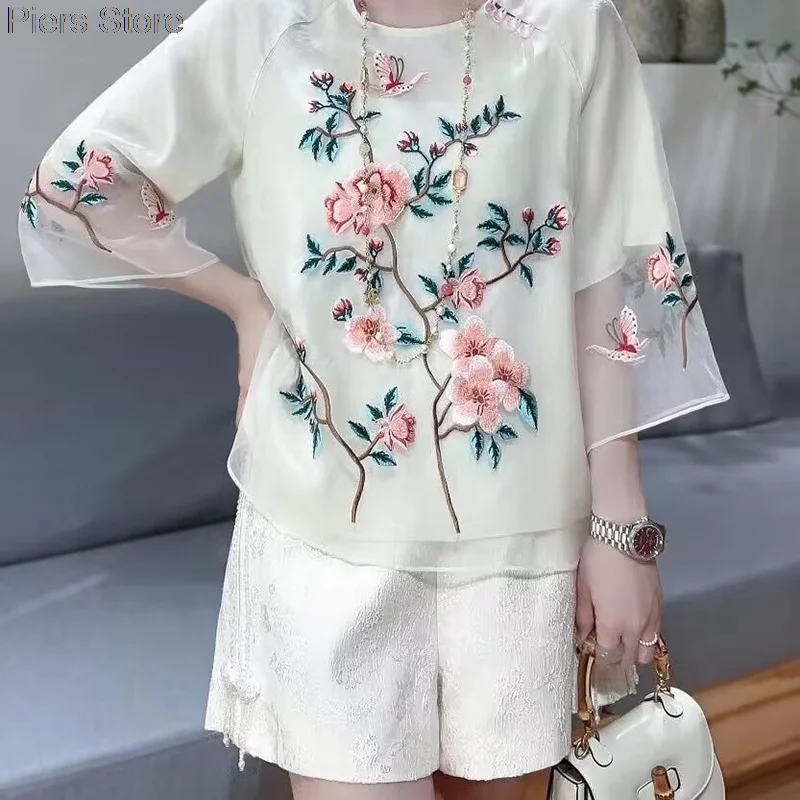 Chinese Style Embroidery Yarn Top for Women hanfu Blouse women chinese shirt