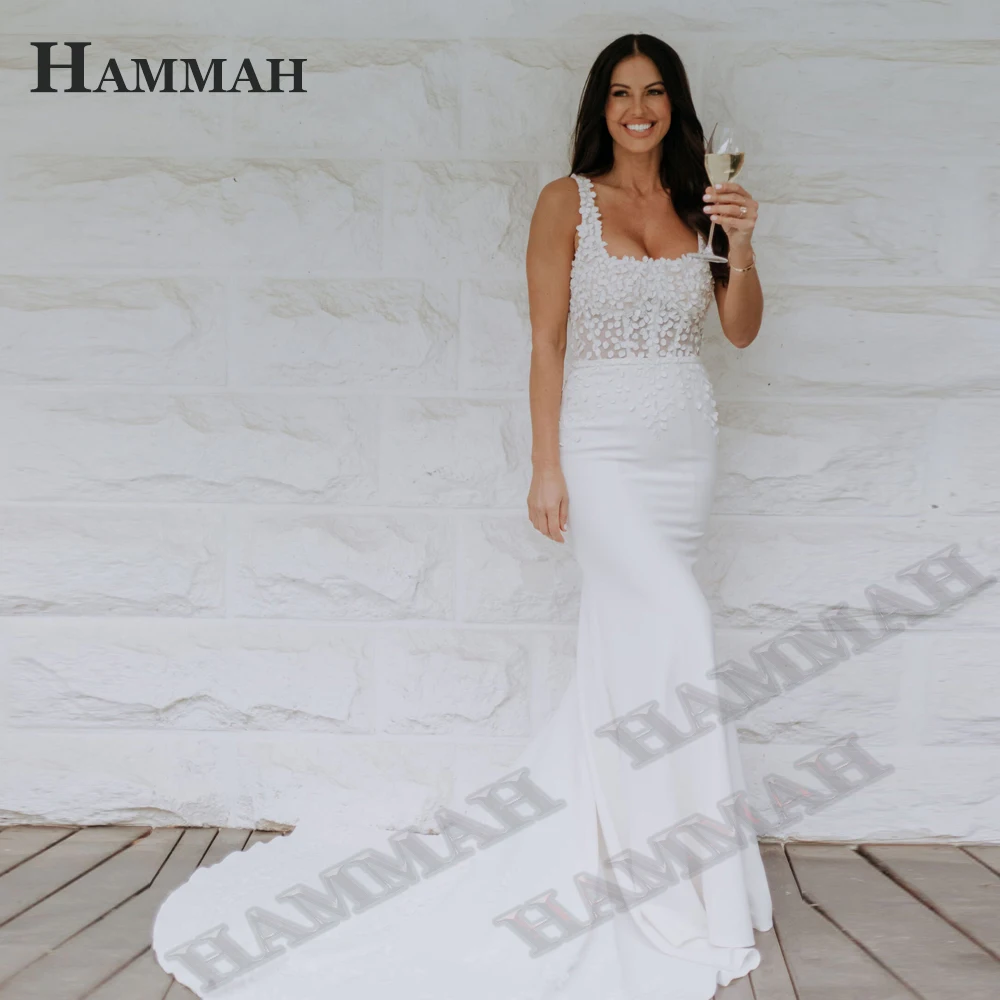 

HAMMAH Modern Wedding Dresses For Woman Sleeveless Sexy With Appliques Satin Trumpet Square Collar Backless Vestidos De Noiva
