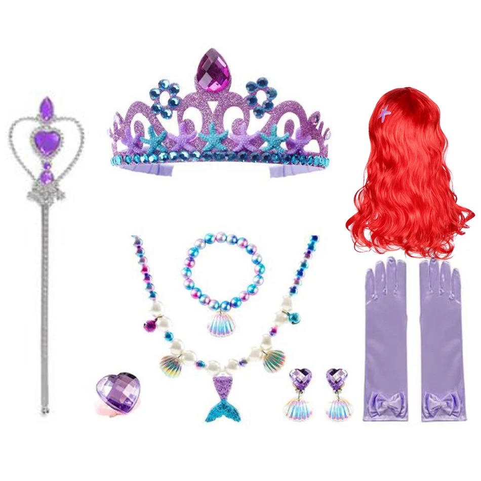 Sereia Cosplay Acessórios para Meninas, Jóias para Vestir, Luvas de Princesa, Coroa, Wand, Pulseira Neacklace, Brincos e Bolsa, Tema do Mar