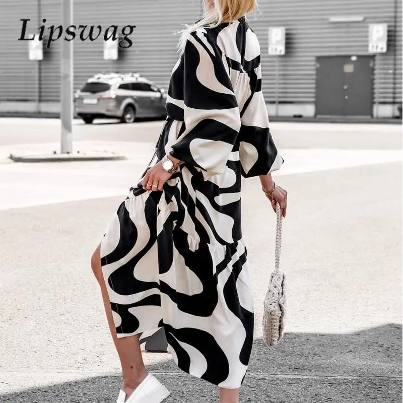 

Casual Print Pattern Puff Sleeve Long Dress Women Loose Lace-Up Lapel Button Dress Autumn Splicing Pocket Bohemian Dress Vestido