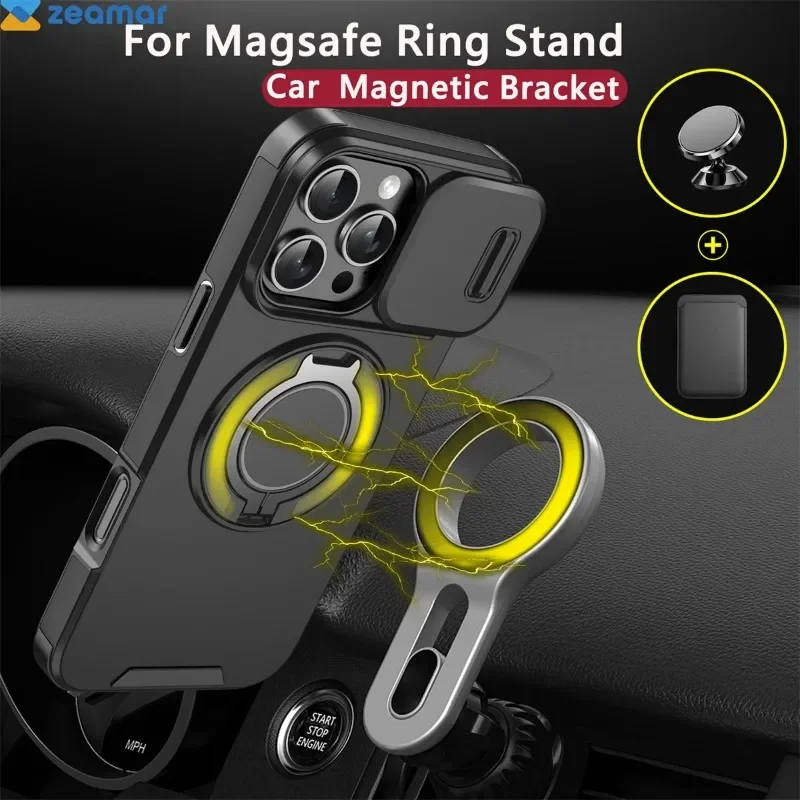 Magnetic Ring Bracket with Slide Lens Protector for Wireless Charging Cases