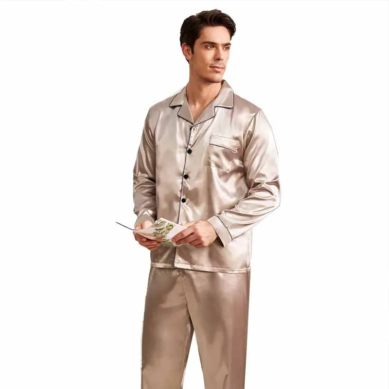 

Solid Colour Satin Sleepwear Long Sleeve Trouser Pijamas Suit Spring Summer Men 2PCS Pajamas Set Sleepwear Loose Lounge Wear