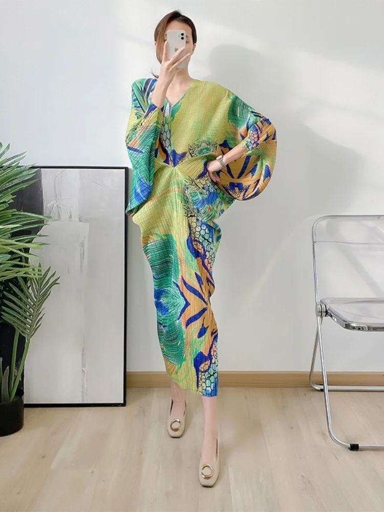 Wmstar Women Dresses Wholesale Pleated Bat Sleeve Dress Spring and Summer New Print Bottoming Long Dress Drop Shopping New Style