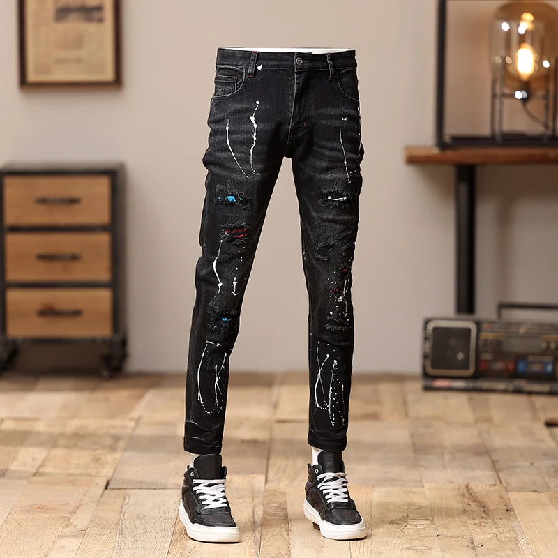 Fashionable street clothing men's painted jeans retro black gray elastic slim fit retro slit jeans men's designer hip-hop pants