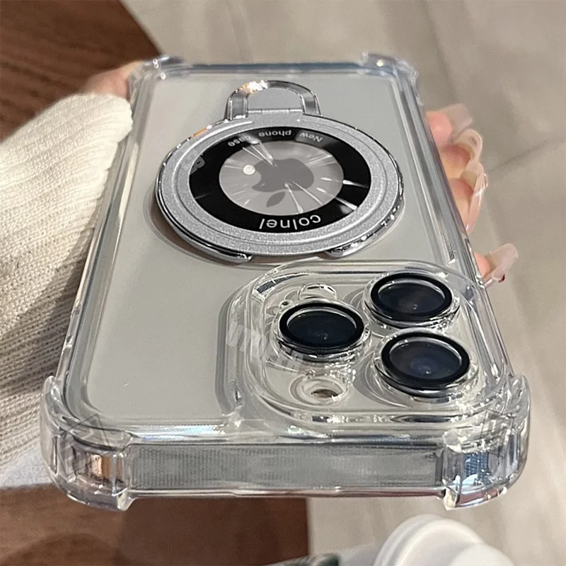 Luxury Shockproof Plating Soft TPU Bracket Phone Case for iPhone 16 15 14 13 11 12 Pro Max Plus Magsafe Magnetic Protect Cover