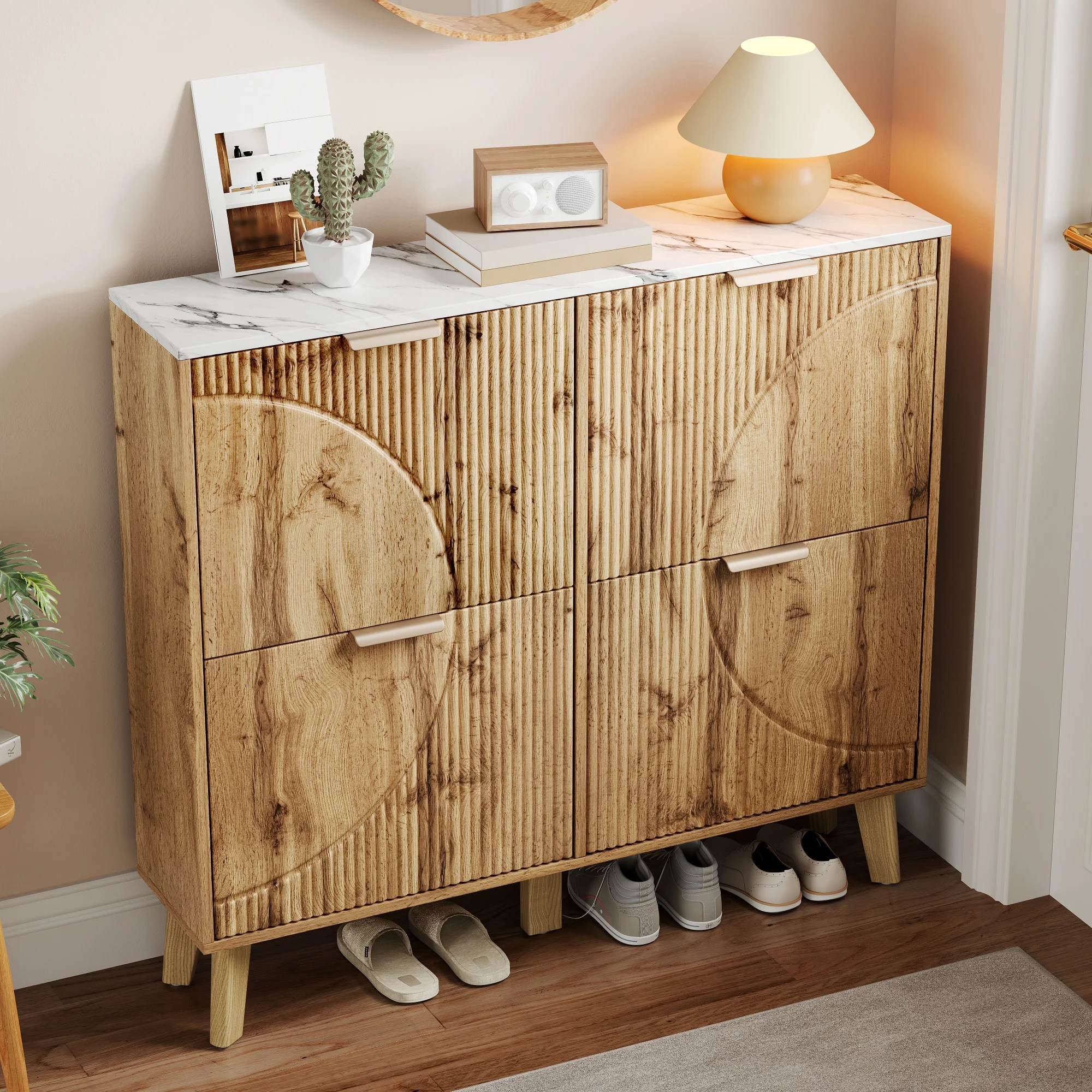 Schuhschrank mit Scharnierdeckel in Holzoptik, vier Türen, großes Fassungsvermögen, Arbeitsplatte in Marmoroptik, 3D-geprägte Türpaneele, konisch zulaufend – Detail 8