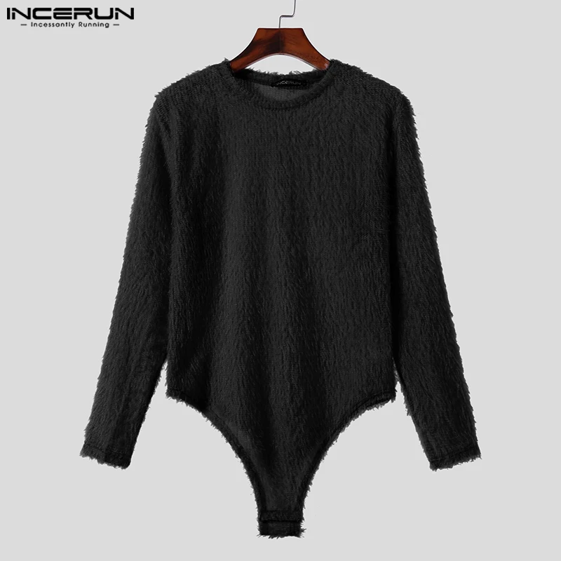 INCERUN 2023 Sexy Fashionable Style Mens Bodysuits Suede Design Casual Jumpsuits Male Solid All-match Long Sleeved Rompers S-5XL