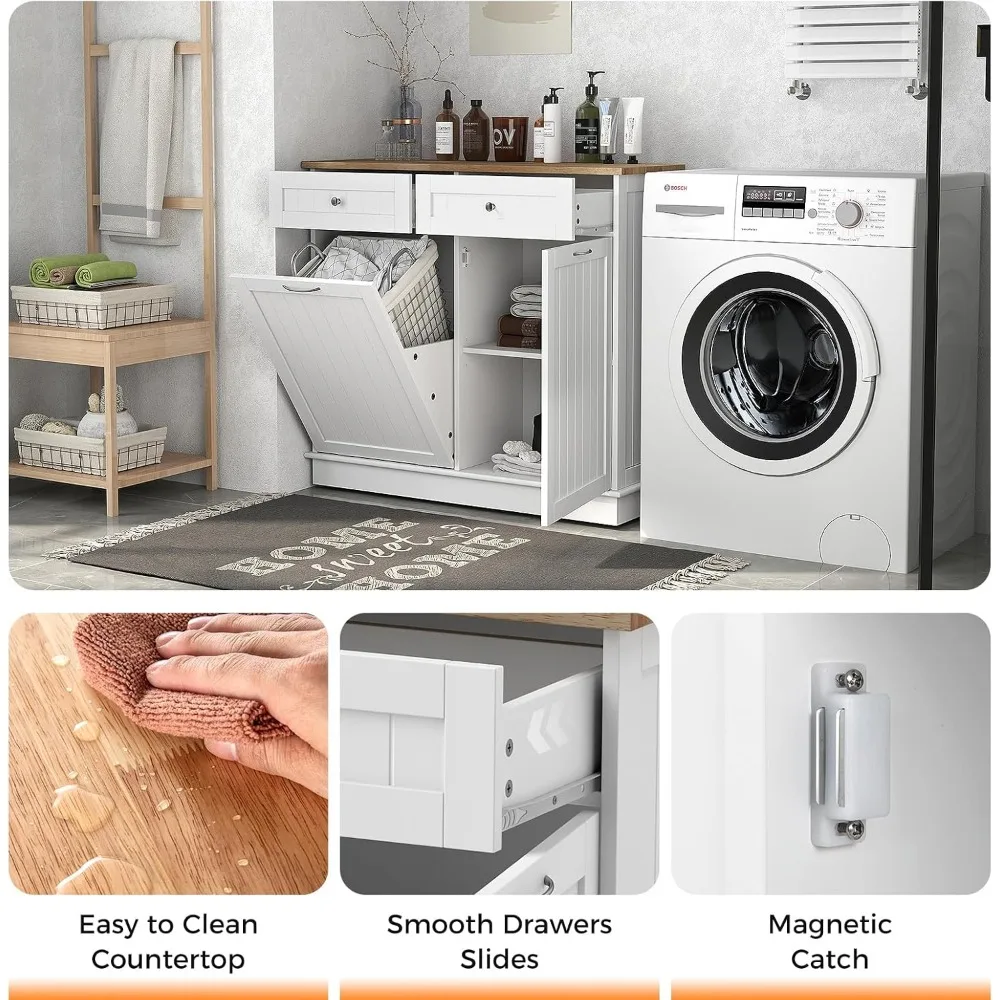 Tilt Out Trash Cabinet, Kitchen Island with 2 Drawers & Adjustable Shelf, Recycle Bins Pet Proof Garbage Can Holder 6