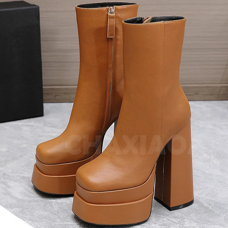 

Women Ankle Boots Autumn Winter Genuine Leather Upper Zipper Design Square Toe Super High Heels Short Boots Fashion Female Shoes