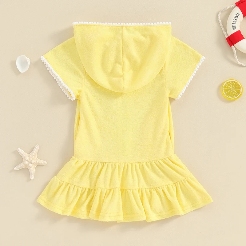 Pudcoco Toddler Girl Swim Cover Up Dress Short Long Sleeve Zip Up Hooded Bating Towel Beachwear Terry Bathrobe Swimwear 1-8T
