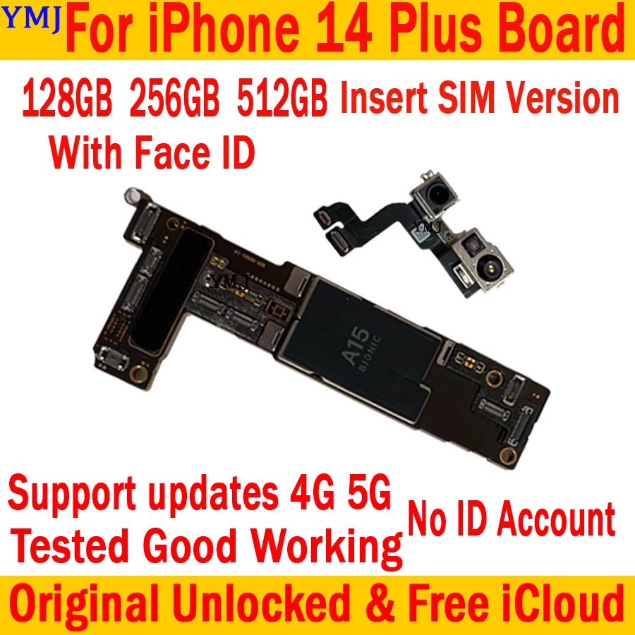 

No ID Account For iPhone 14 Plus Motherboard Original Unlocked Free iCloud Mainboard 128GB Tested Logic Board Insert SIM / E-SIM
