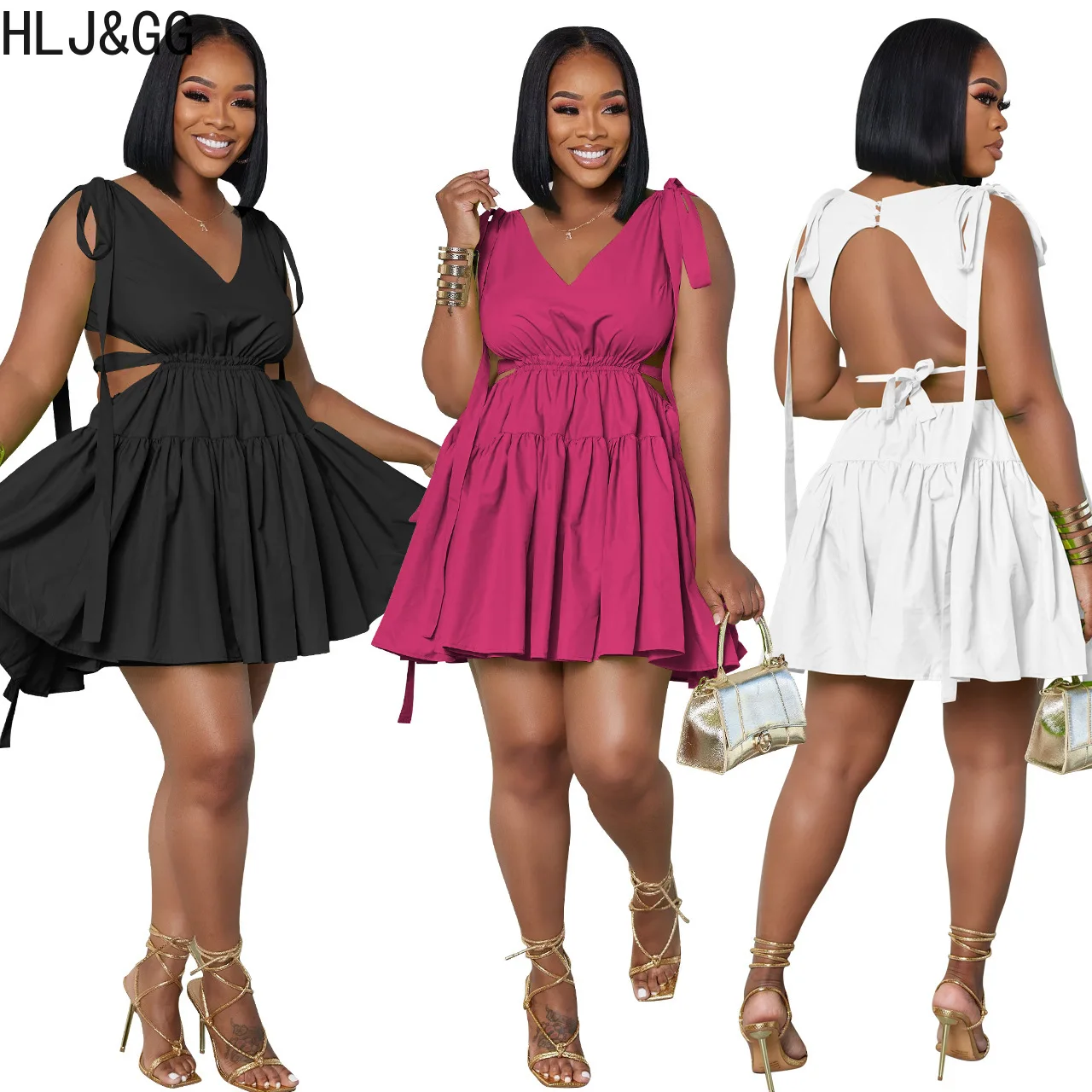 

HLJ&GG Fashion Street Style Women Backless Bandage Sleeveless A-line Dresses Summer Solid Color V Neck Party Club Vestidos 2023