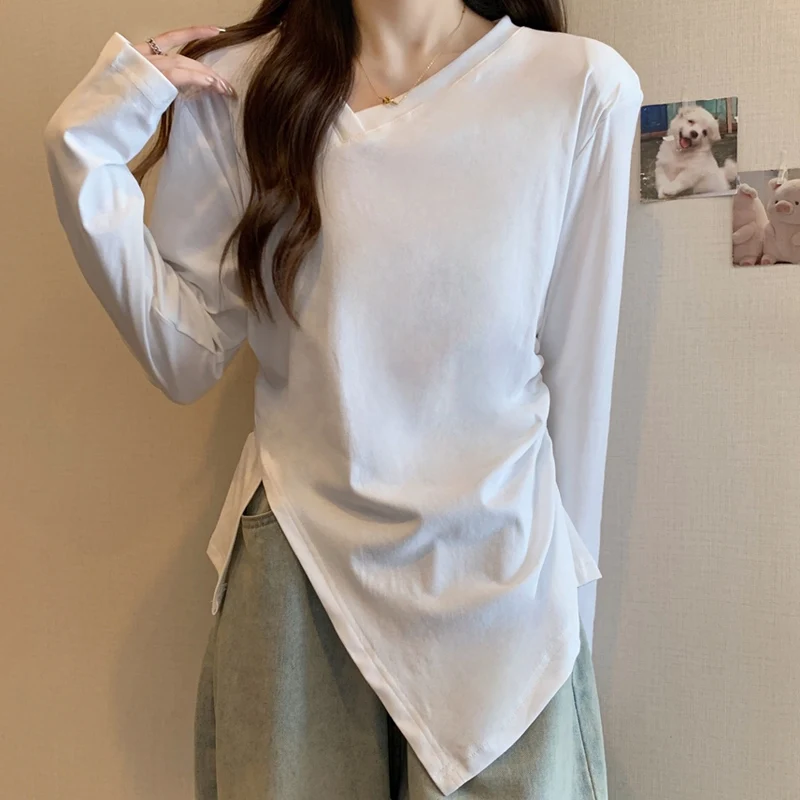 

Spring Autumn New V-neck Fashion Long Sleeve T-Shirts Women Solid Color High Street Casual Pullovers Slim Asymmetrical Chic Top