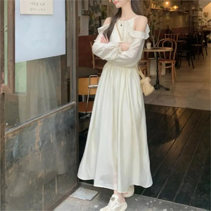 Korea-Style-Dress-for-Women-Spring-New-Cold-Shoulder-Long-Puff-Sleeve ...
