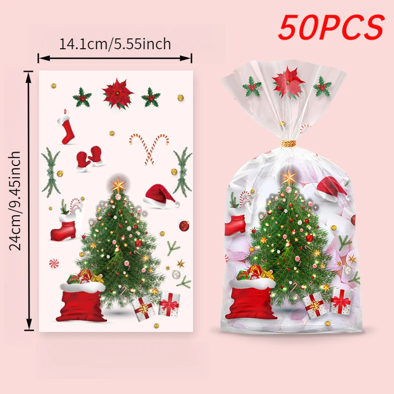 50pcs Reusable Christmas Gift Bags with Golden Ribbon - Santa/Reindeer/Trees/Holly/Candy Canes Patterns, For Christmas