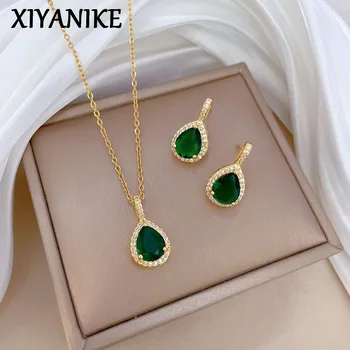 XIYANIKE Water Drop Emerald Zircon Pendant Necklace Earrings Jewelry Set For Women Stainless Steel Chain Necklaces Party Gift 1