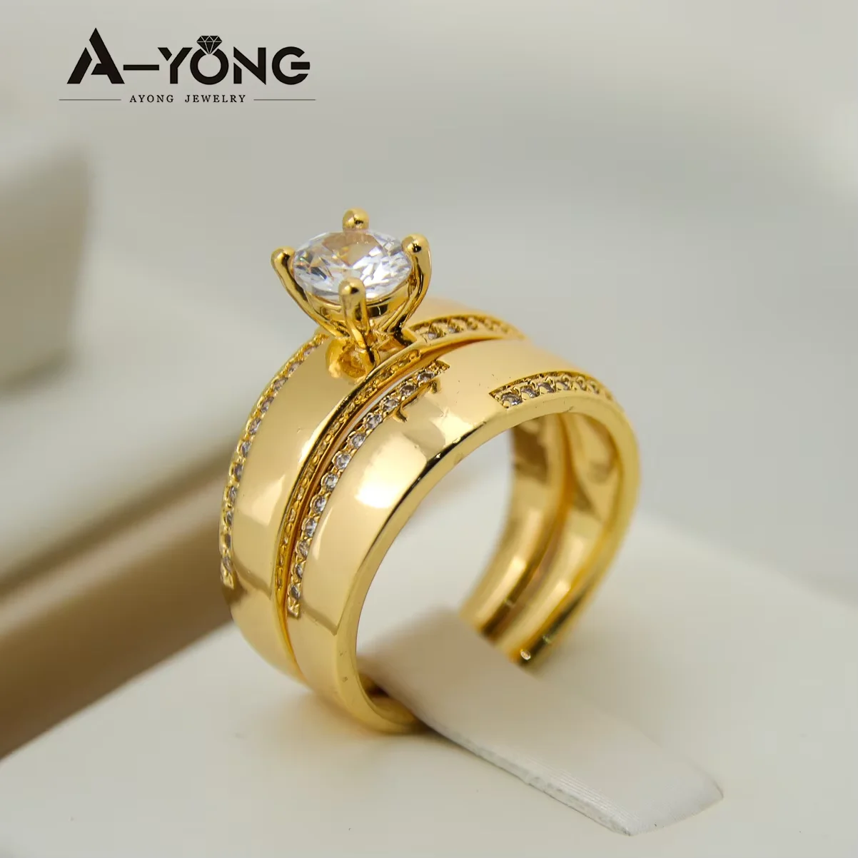Luxury Italian Big Zircon Couples Ring 21k Gold Plated Saudi Gold