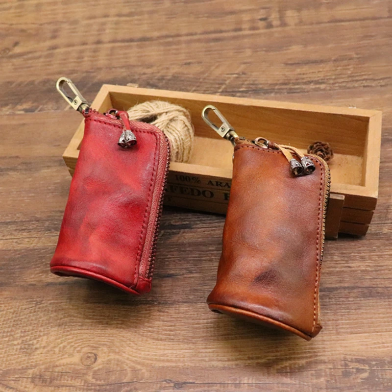 

Men Leather Key Bag Key Chain Holder Fashion Retro Zipper Home Storage Bag Double Key Pack Car Key Bag for Man