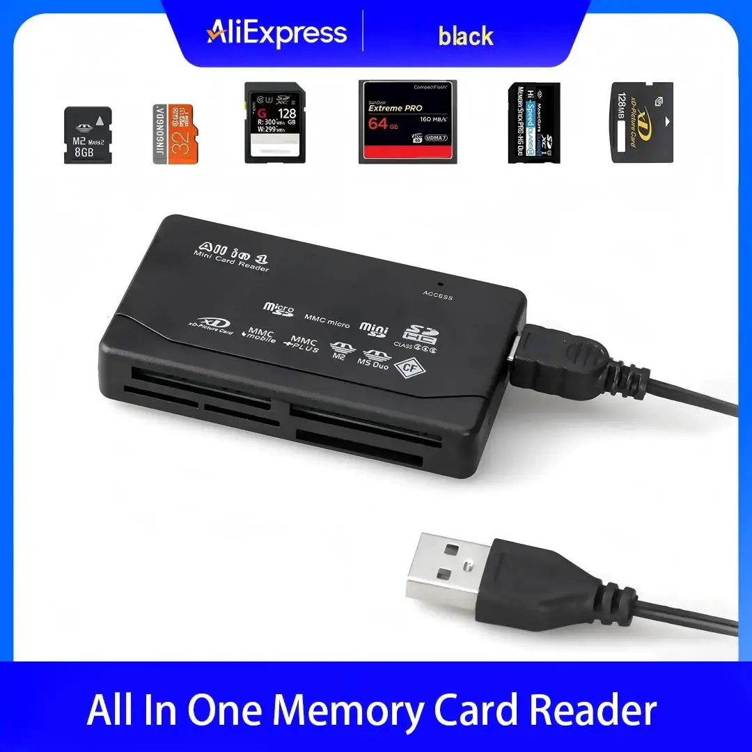 قارئ بطاقات ذاكرة USB متعدد الوظائف خارجي لبطاقات SD وSDHC وMini وMicro وM2 وMMC وXD وCF لمشغلات MP3 والكاميرات الرقمية