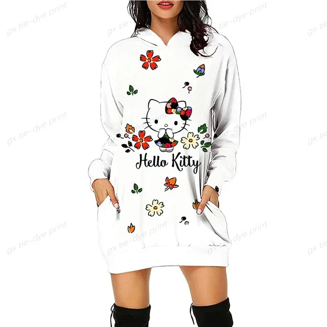 thumbnail image 1 of Vestido sexy hasta la rodilla para mujer, de primavera y otoño, con capucha, manga larga, con bolsillos de HELLO KITTY, vestido sencillo e informal ajustado, 1 of 5