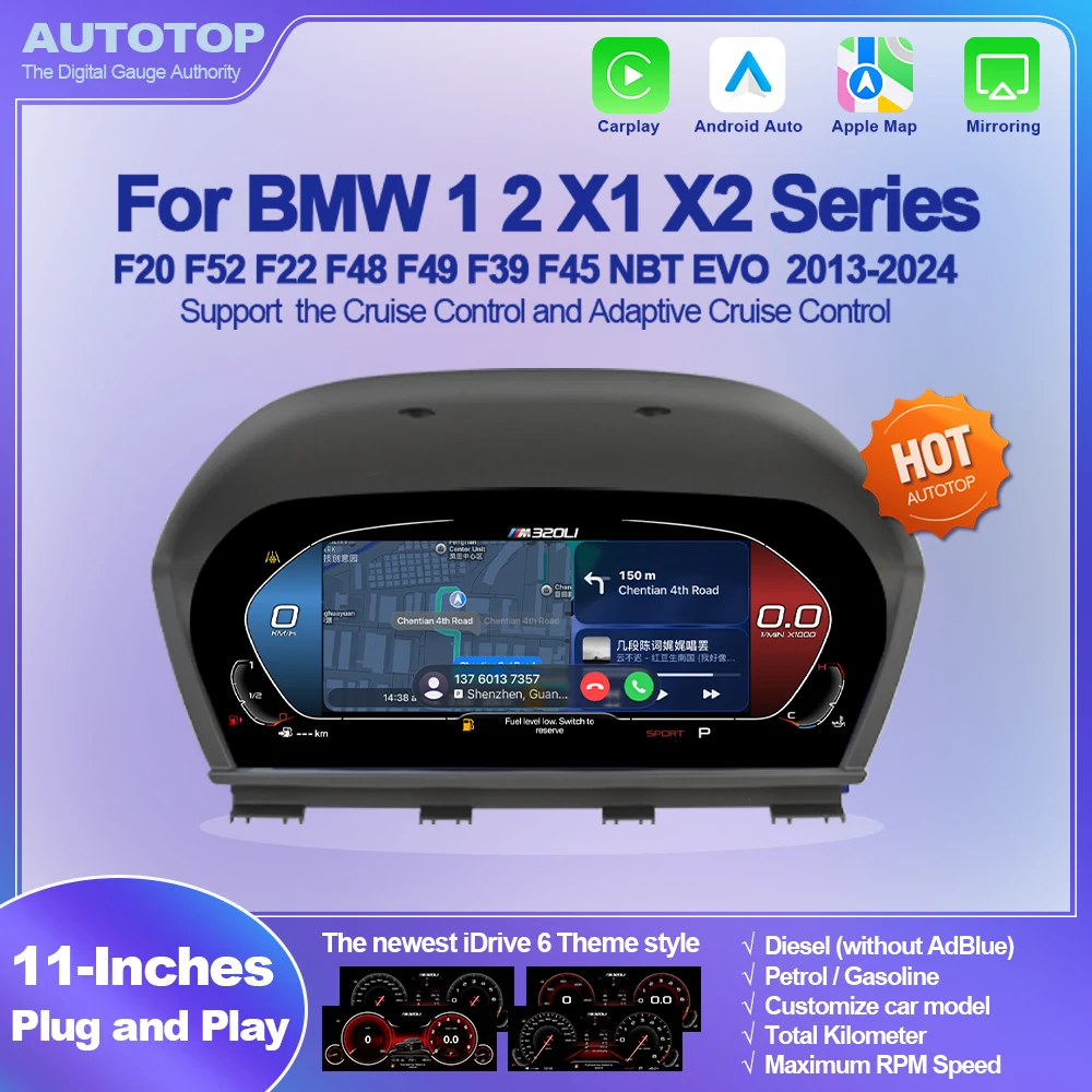AUTOTOP Panel de Instrumentos Digital Virtual de 11 Pulgadas y 6WB para BMW Serie 1 2 X1 X2 F20 F21 F52 F22 F23 F45 F46 F87/M2 F48 F49 F39 2013-2020, Actualización del Velocímetro del Tablero, CarPlay Inalámbrico, Android Auto, AirPlay, Navegación GPS, Música BT, Retrofit 2