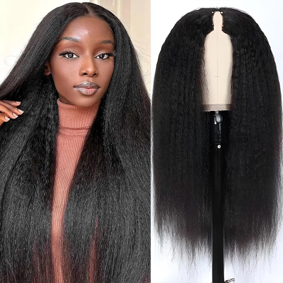 Kinky Straight Human Hair Wigs V Part Wig No Leave Out V Shape Wig Wear And Go Glueless Brazilian 250 Density 30 Inch For Women