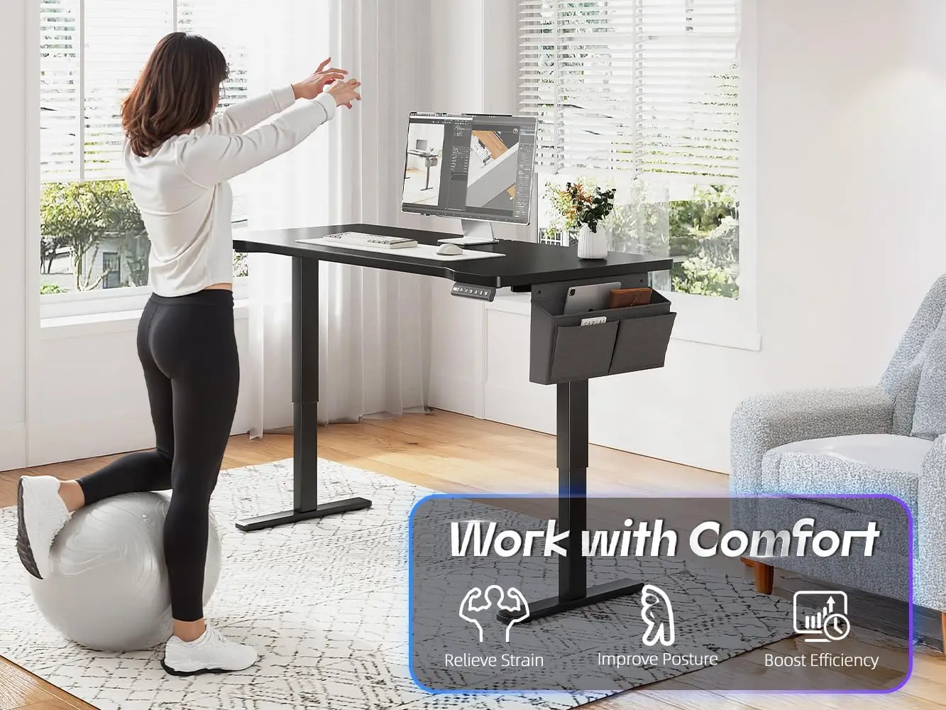 Electric Gaming Standing Desk with LED Lights,48 x 24 Inch Height Adjustable Computer Desk with 3 Memory Preset