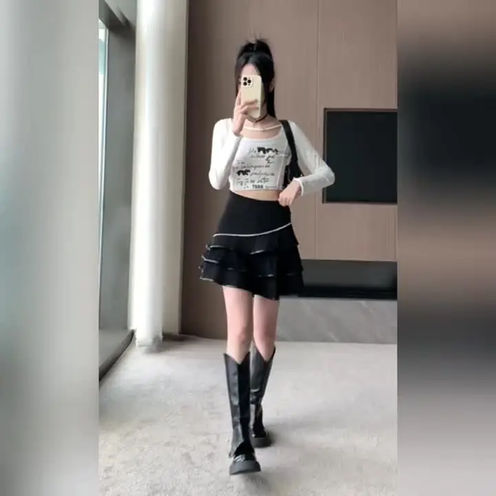 Черная модная кружевная лоскутная юбка-торт весна-осень новая облегающая пышная