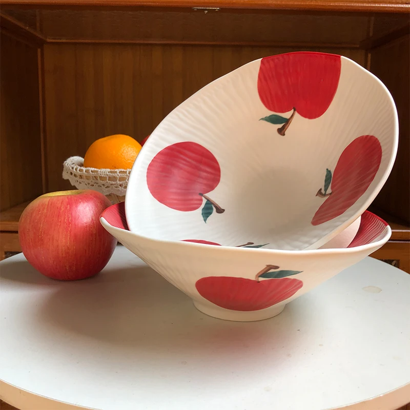 

Cute Hand-painted Relief Apple Bamboo Hat Noodle Bowl Matte Coarse Pottery Japanese Underglaze Color Irregular Soup Bowl