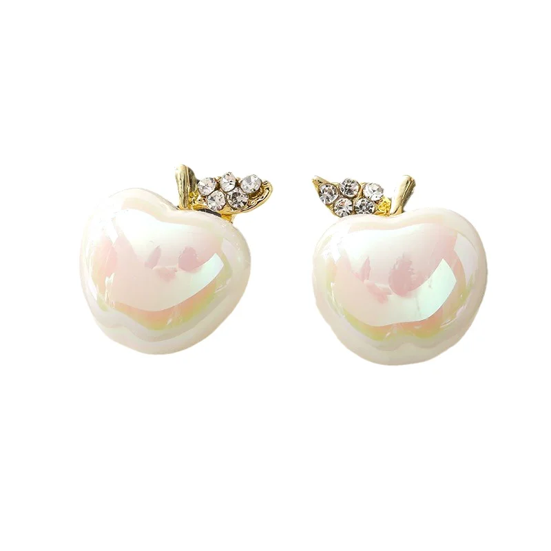New Inlaid Rhinestone Pearl Creative Stylish Apple Earrings For Women Sweet Simple Studs Fashion Jewelry Party Gift 3