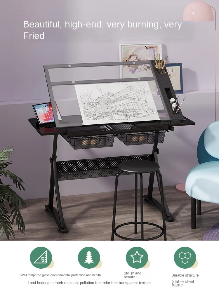  Nouva Mesa de dibujo profesional con parte superior de cristal,  escritorio de dibujo ajustable, escritorio de arte templado, inclinación  ajustable con 2 cajones deslizantes y ruedas : Hogar y Cocina