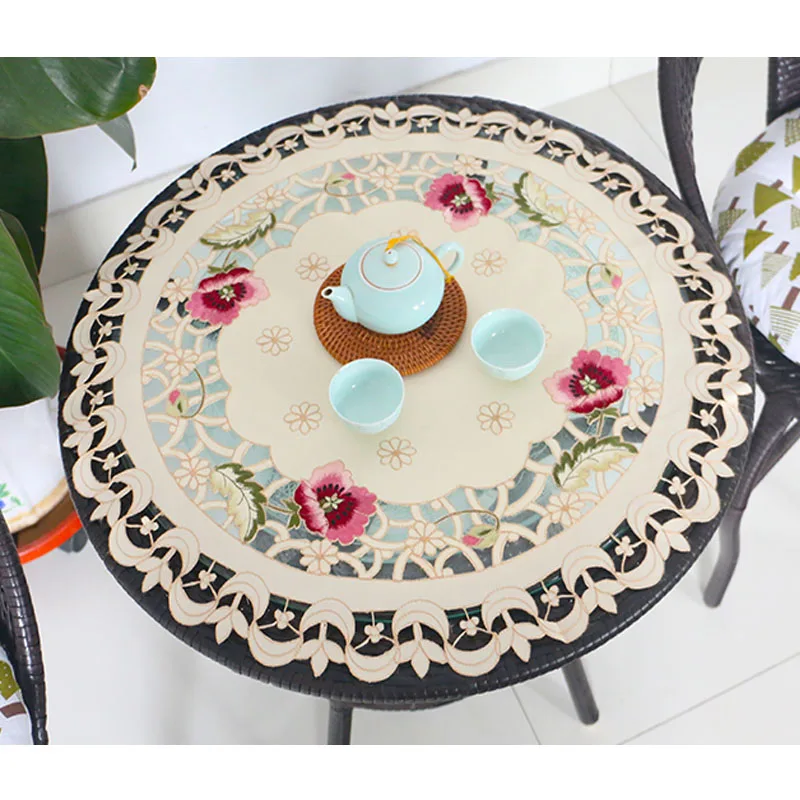 NEW round satin rose flower Embroidered table cover cloth kitchen Christmas tablecloth wedding Table decoration and accessories