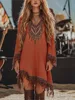 Casual Loose Three Quarter Tassel Splicing Women Dress Retro Print Beach Dresses Elegant Comfortable Woman Clothing Vestidos