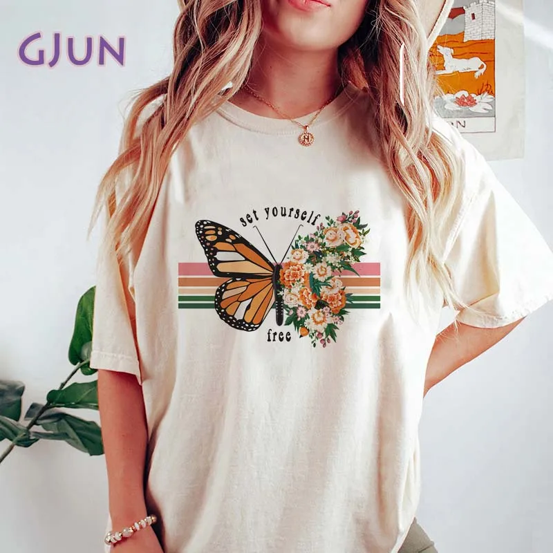 

Women's Cotton T-shirt Fashion Set Yourself Free Graphic T Shirts Summer Short Sleeve Female Tee Tops Woman Tshirt Clothing