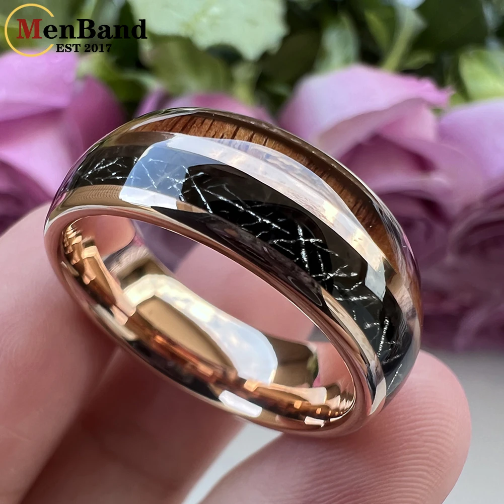MenBand Fashion Jewelry 8MM Men Women Tungsten Carbide Rings with Koa Wood Black Meteorite Inlay Domed polishing Comfort Fit