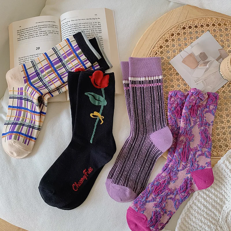 

Vintage Woman Sock Plaid Flower Print for Women Socks Crew Cotton Sox Korean Soft Kawaii Hosiery Autumn Winter Casual Ladies