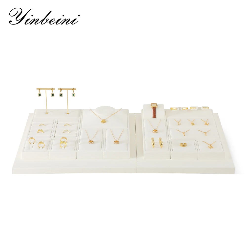 

YinBeiNi Fashion Beige Microfiber Jewelry Display Set Jewelry Exhibit Shop Cabinet for Necklace Ring Earring Pendant Bangle Prop