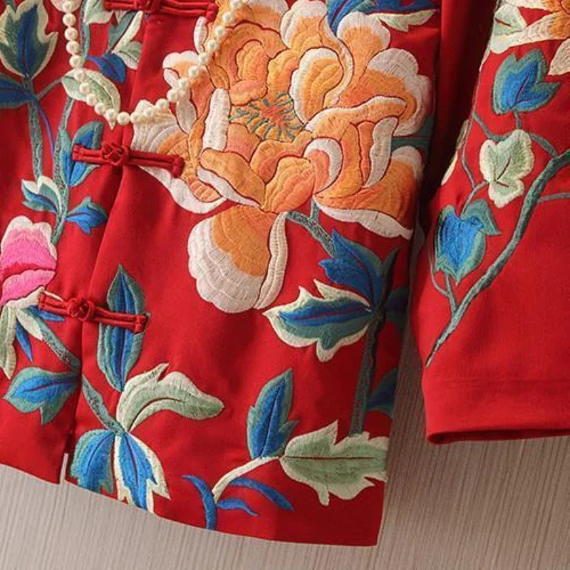Chinese Style Tang Suit Jacket Spring and Summer National Style Embroidered Peony Short Cheongsam Blouse Female
