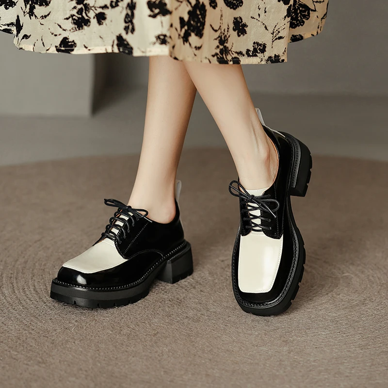

MythLuo Platform Loafers For Women Chunky Heels Shoes Genuine Leather Round Toe 4.5CM High Thick Sole Ladies Causel Shoes