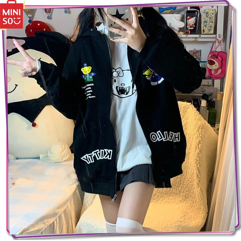 

2024 New Miniso Sanrio Hello Kitty Spring and Autumn Hooded Top Loose Sports Sweatshirt Sweet Women's Zipper Cardigan Coat