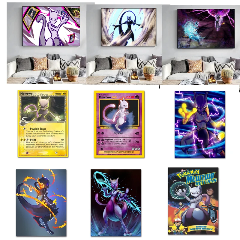 

Pokemon Mewtwo Card Series Anime Peripheral Poster Decor Wall Art Canvas Painting Modern Kids Room Decor Picture Gift