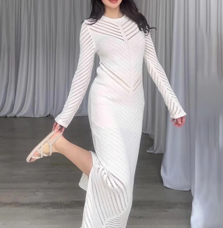 

Elegant Women's Dress Spring Round Neck Line Hollow Casual Solid Color High Waist Long Sleeve Dress Slim Fit Daily Long Dress