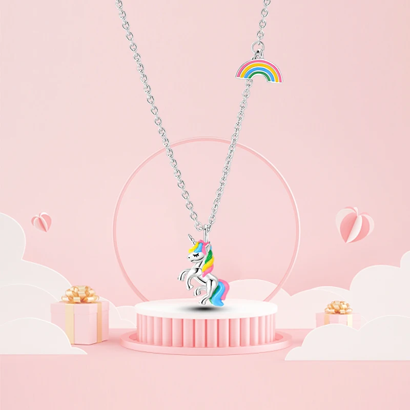 Colorful Plata De Ley 925 Sterling Silver Unicorn Rainbow Lucky Necklaces Overlap Pendant For Women Wedding Jewelry Gift pendant necklace,silver necklace,silver necklace charms