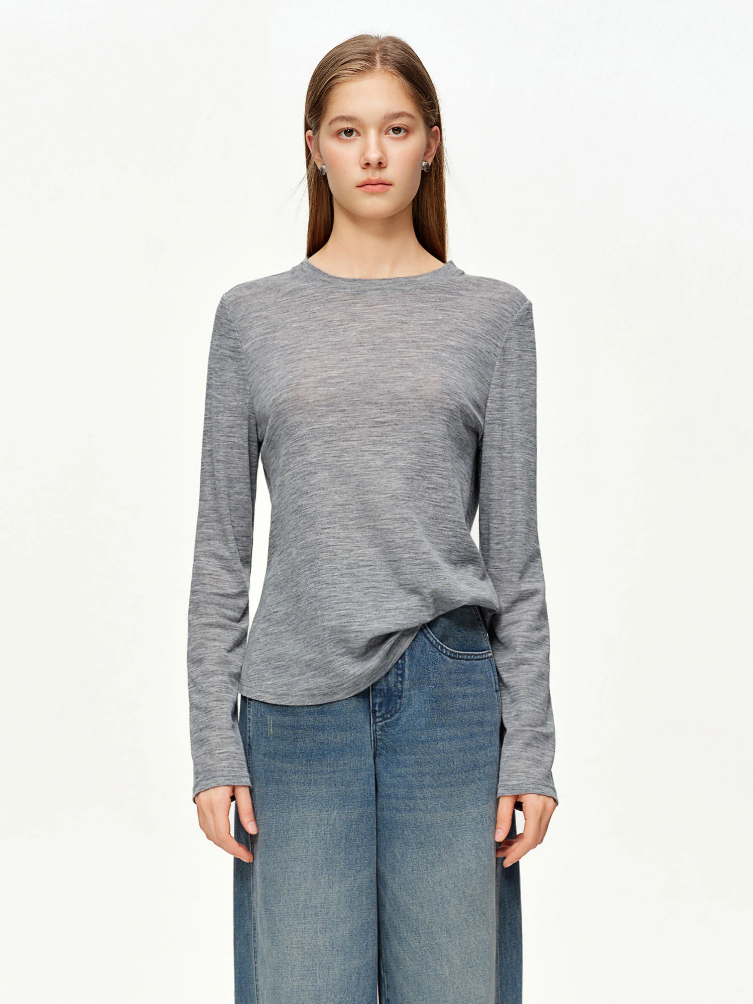 DUSHU المرأة الأخضر والرمادي المتناقضة اللون الطبقات قطعتين متماسكة تي شيرت ربيع 2026 جديد وصول موضة بلوزات طويلة الأكمام