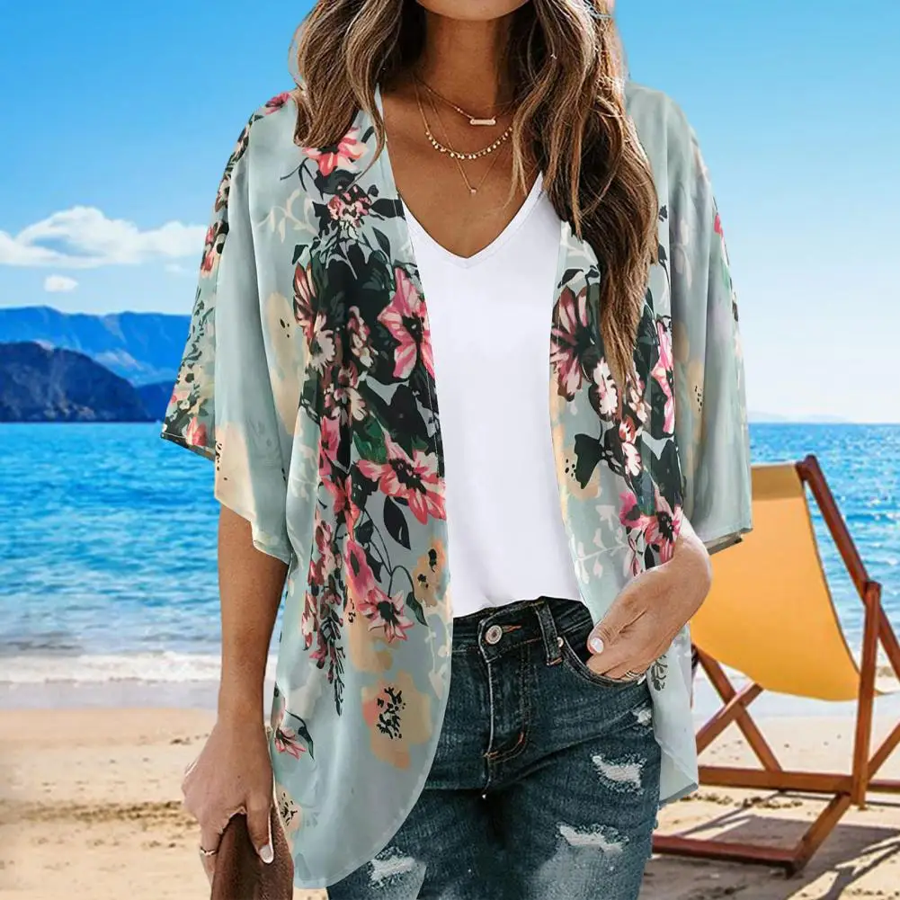 

Tropical Print Cover Up Women Beach Cover Up Flower Print Women's Beach Shirt Sun Protection Cover-up Top with Short for Lady