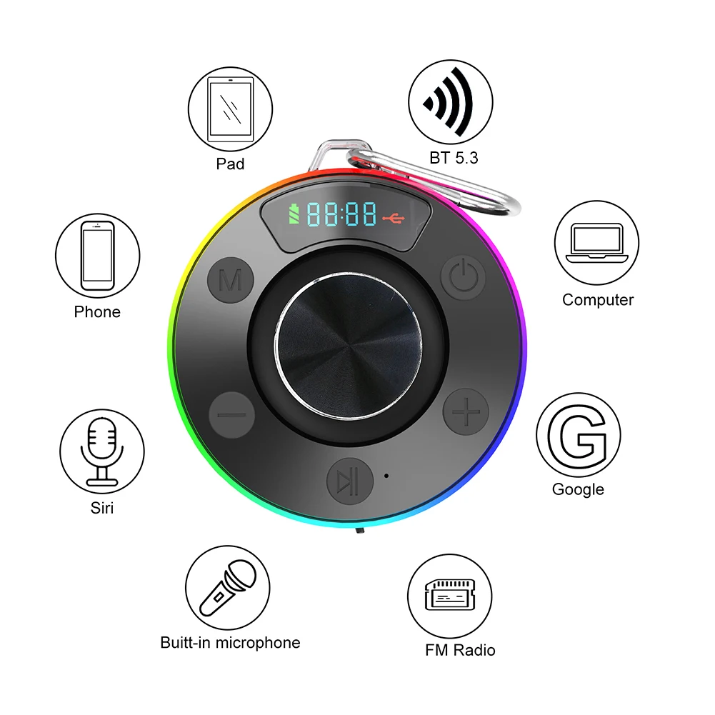 Bluetooth-Compatible 5.3 Shower Speaker IPX7 Waterproof Shower Radio with Suction Cup Stereo Subwoofer for Travel/Outdoors/Gifts