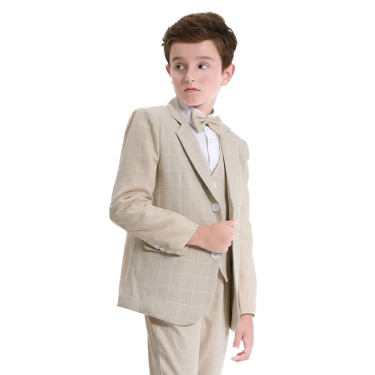 Khaki Suit for Boys Easter Outfits Set Kid Blazer Wedding Clothes Teenager Plaid Formal Tuxedo Flower Party Performance Costume