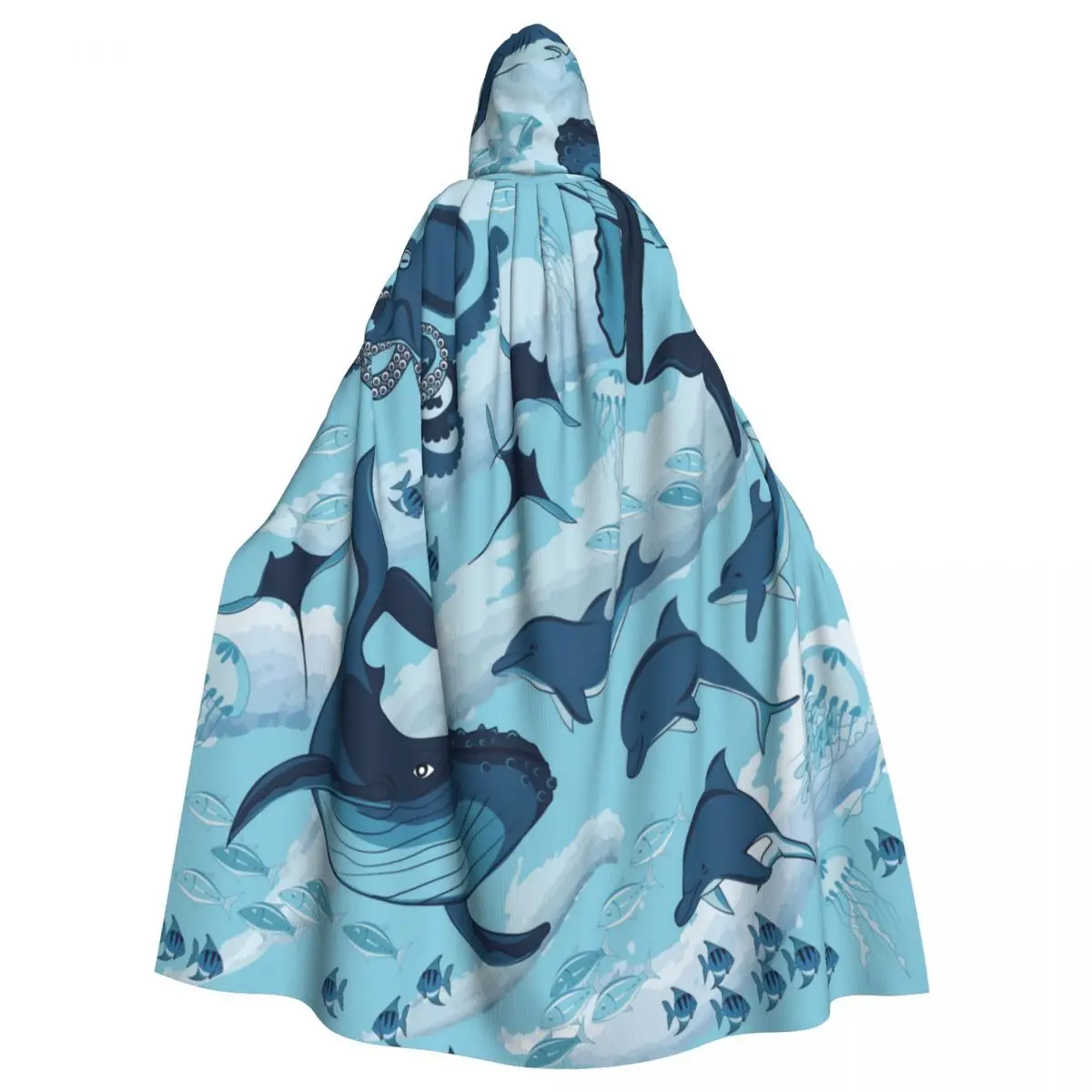 

Hooded Cloak Unisex Cloak with Hood Blue Whales And Underwater Fishes Cloak Vampire Witch Cape Cosplay Costume