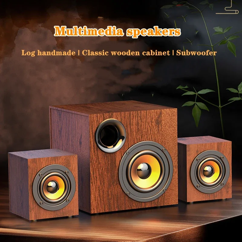 Wooden Multimedia Heavy Bass Living Room Home Desktop Computer Audio Active Subwoofer Big Volume Bluetooth Speakers