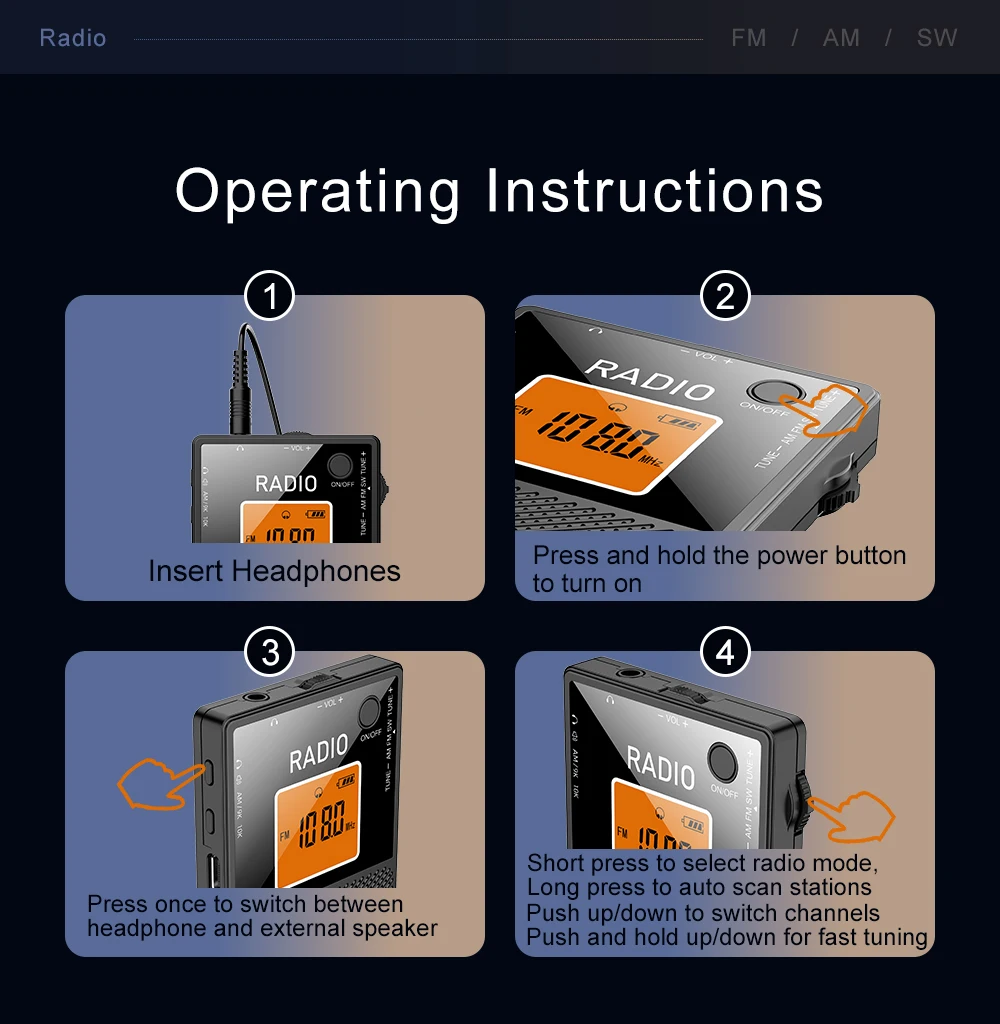 Mini Portable AM FM SW Radio Pocket FM Stereo Radios External Speaker Backlight Screen Rechargeable Radios with Wired Headset